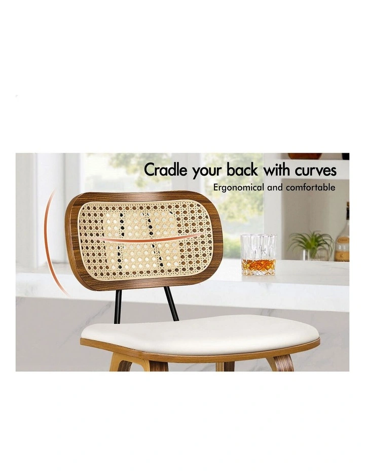 4x Bar Stools Kitchen Vintage Leather Seat Rattan Chair Wooden White image 6