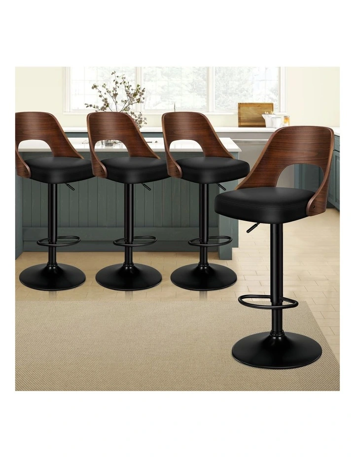 4x Bar Stools Kitchen Swivel Chair Wooden Leather Gas Lift Lucas Black image 2