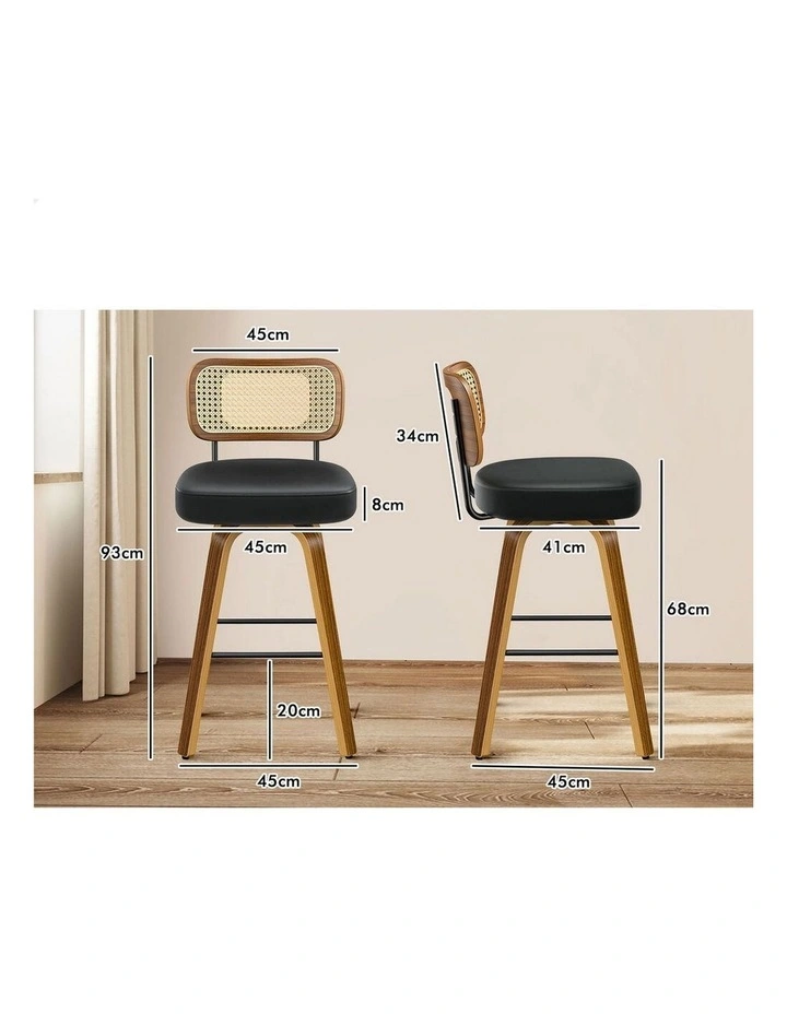 Bar Stools 4x Kitchen Vintage Leather Seat Rattan Chair Oscar Wooden Black image 2