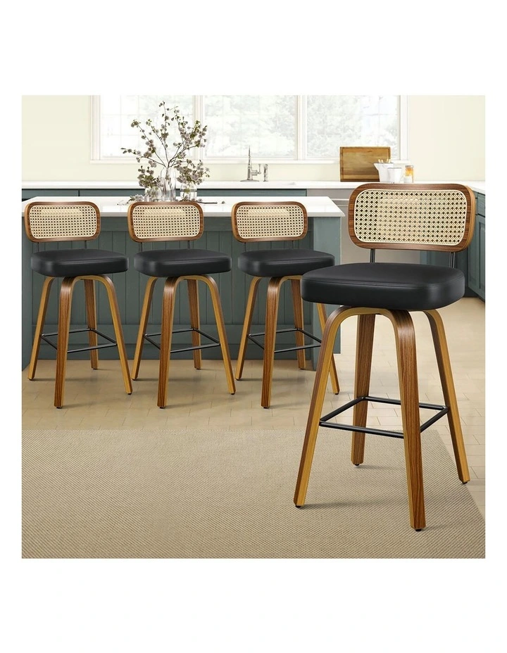 Bar Stools 4x Kitchen Vintage Leather Seat Rattan Chair Oscar Wooden Black image 5