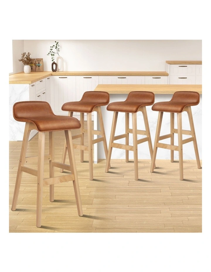 4x Wooden Bar Stools 74cm Kitchen Dining Chair Leather Samuel Brown image 4