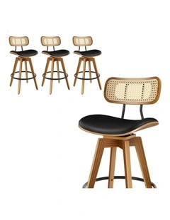 4x Bar Stools Kitchen Vintage Leather Seat Rattan Chair Black