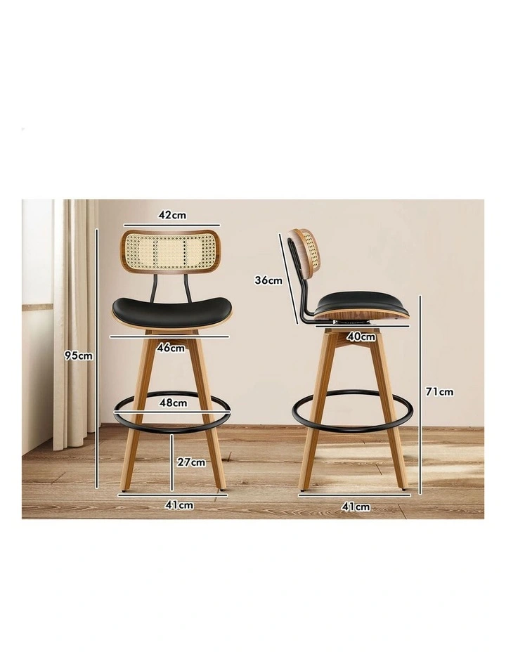 4x Bar Stools Kitchen Vintage Leather Seat Rattan Chair Black image 2
