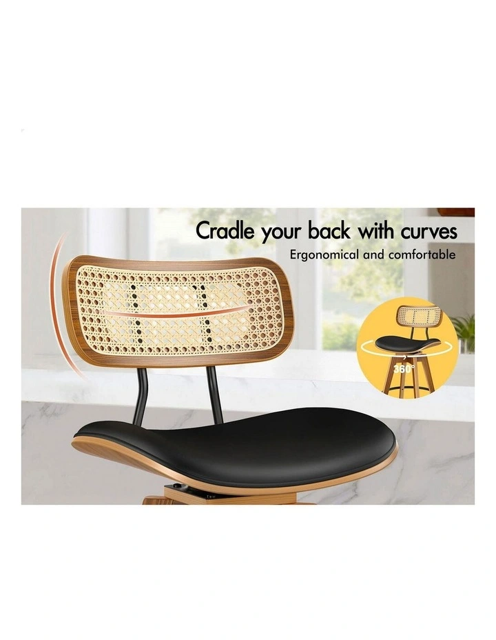 4x Bar Stools Kitchen Vintage Leather Seat Rattan Chair Black image 4