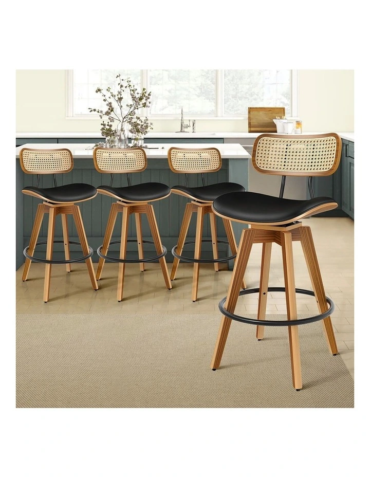 4x Bar Stools Kitchen Vintage Leather Seat Rattan Chair Black image 6