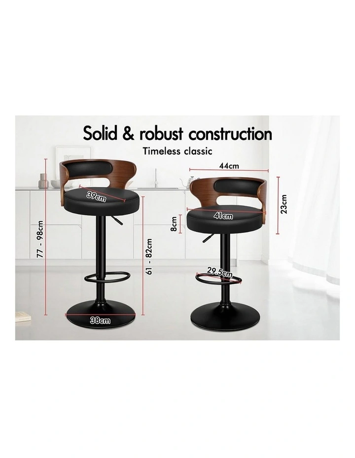 4x Bar Stool Kitchen Swivel Chair Wooden Leather Gas Lift Ramiro Black image 2