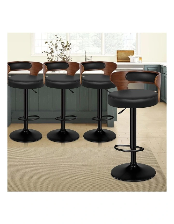 4x Bar Stool Kitchen Swivel Chair Wooden Leather Gas Lift Ramiro Black image 3