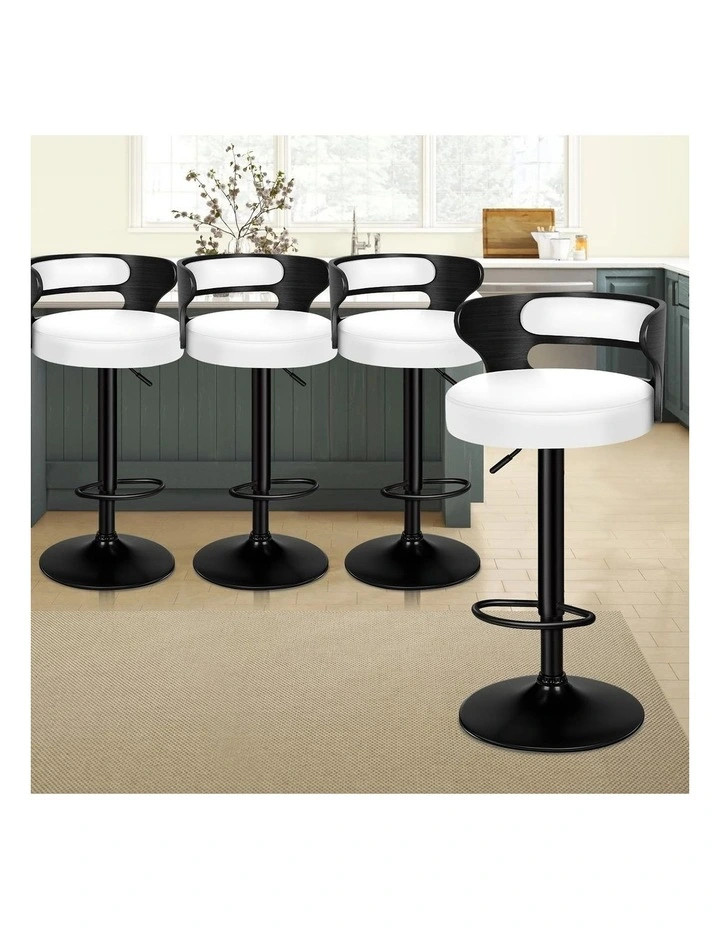 4x Bar Stool Kitchen Swivel Chair Wooden Leather Gas Lift Ramiro White image 2