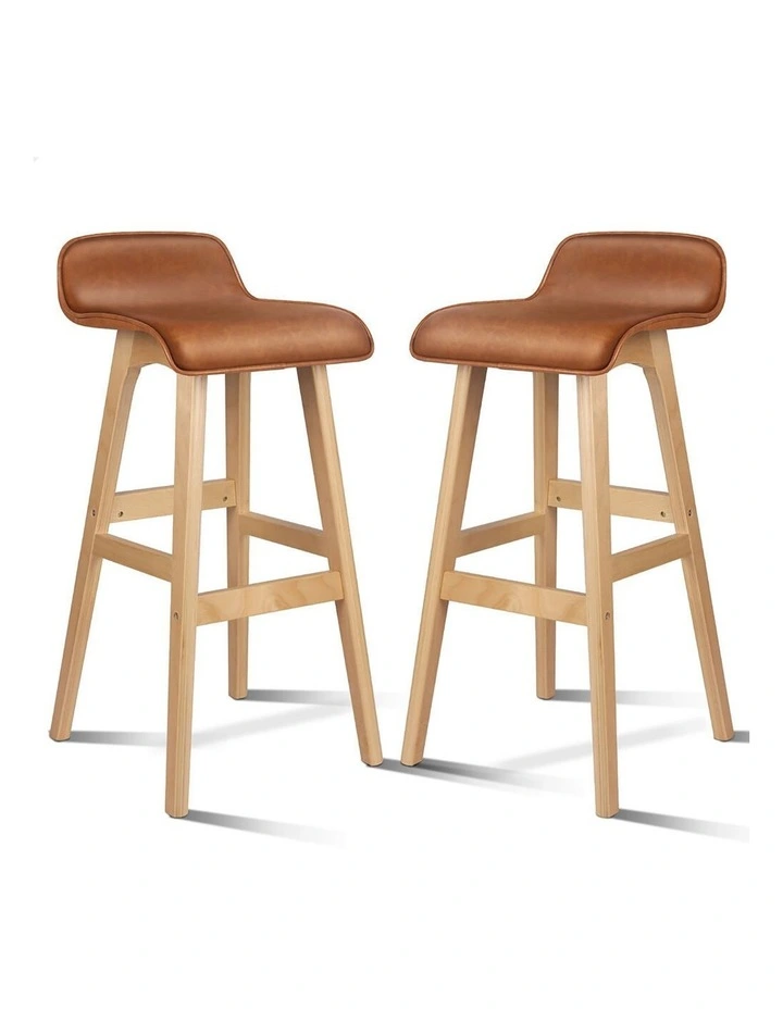 2x Wooden Bar Stools 74cm Kitchen Dining Chair Leather Samuel Brown image 1