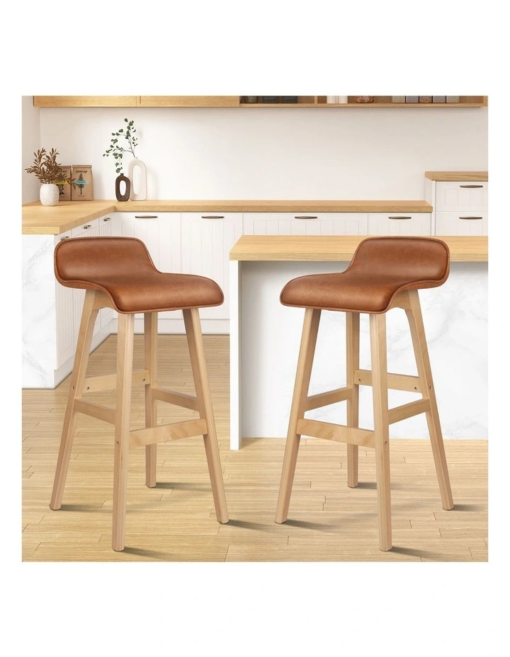 2x Wooden Bar Stools 74cm Kitchen Dining Chair Leather Samuel Brown image 3