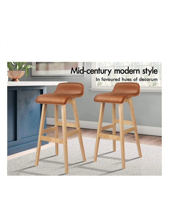 2x Wooden Bar Stools 74cm Kitchen Dining Chair Leather Samuel Brown image 4