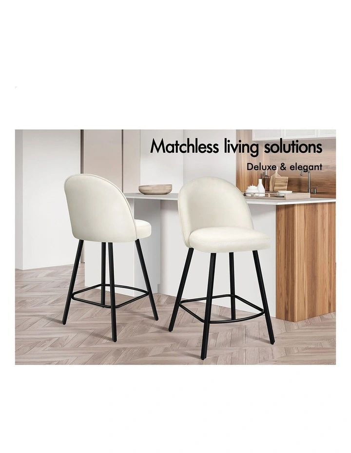 4x Bar Stools 66cm Kitchen Counter Velvet Vintage Dining Chairs White image 4