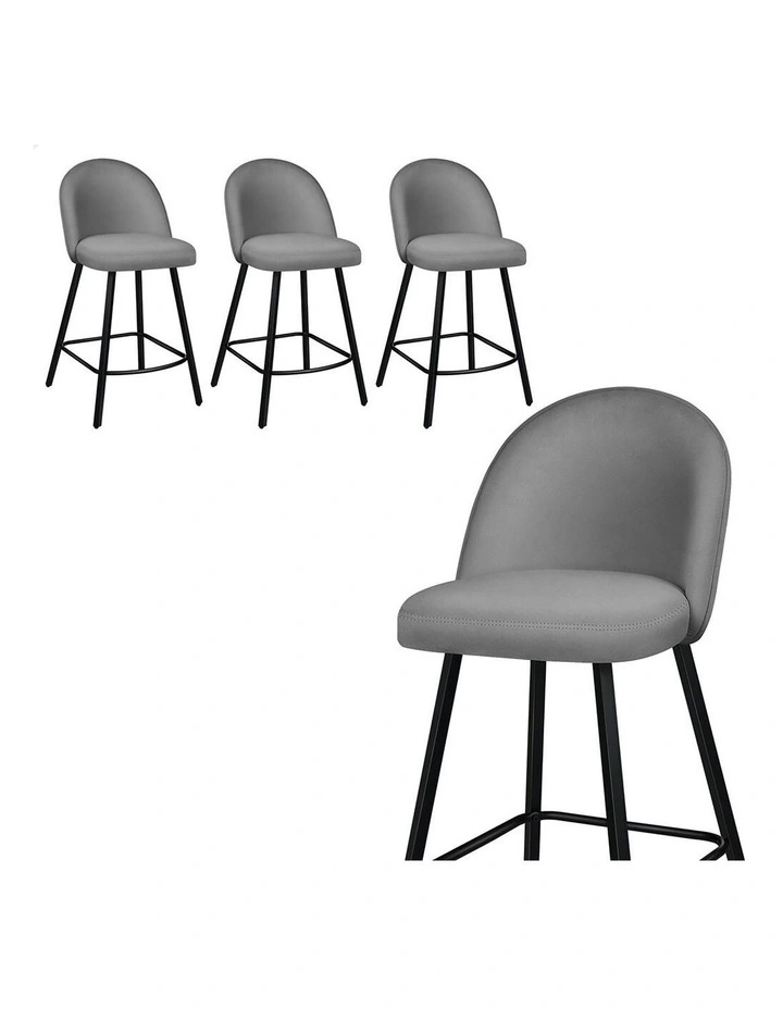 4x Bar Stools 66cm Kitchen Counter Velvet Vintage Dining Chairs Grey image 1