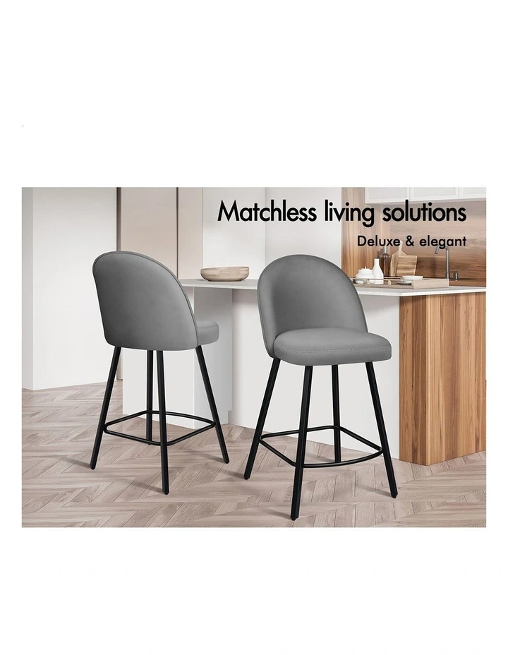 4x Bar Stools 66cm Kitchen Counter Velvet Vintage Dining Chairs Grey image 2