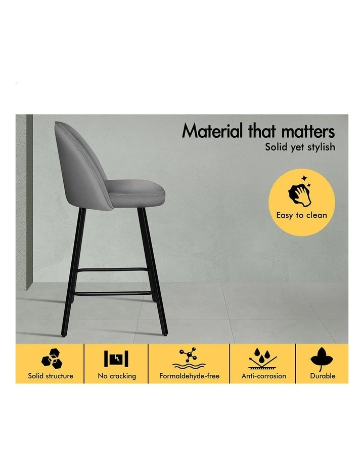 4x Bar Stools 66cm Kitchen Counter Velvet Vintage Dining Chairs Grey image 4