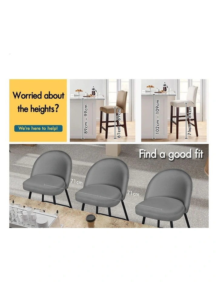 4x Bar Stools 66cm Kitchen Counter Velvet Vintage Dining Chairs Grey image 5