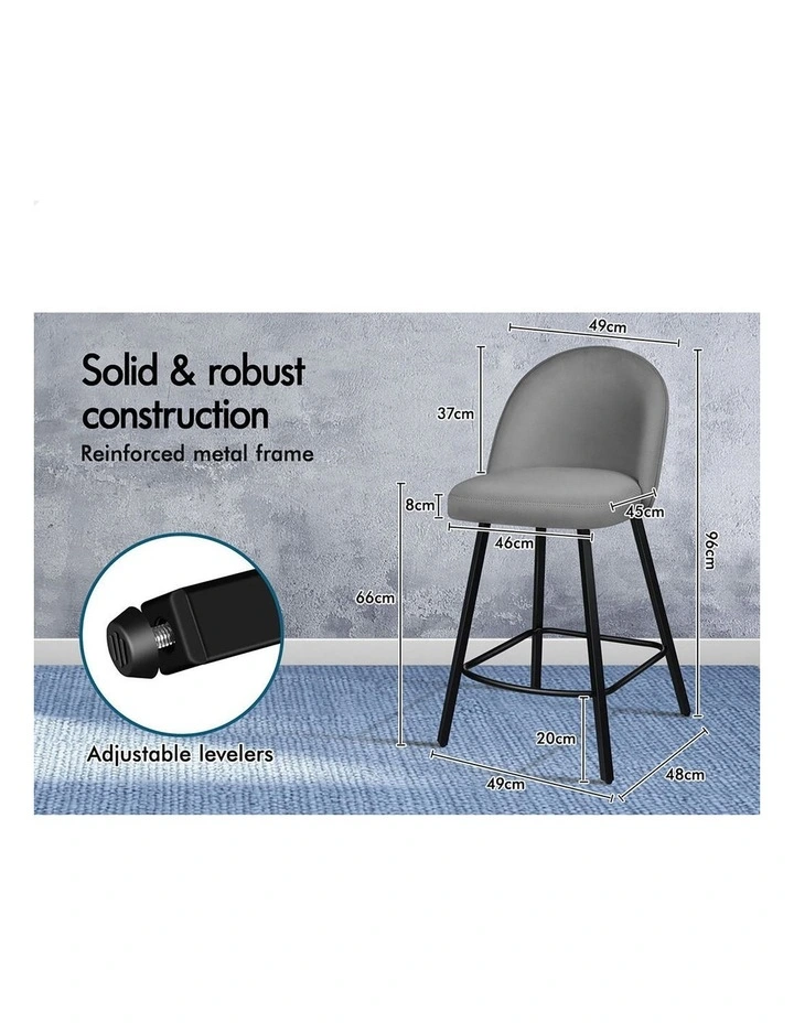 4x Bar Stools 66cm Kitchen Counter Velvet Vintage Dining Chairs Grey image 7