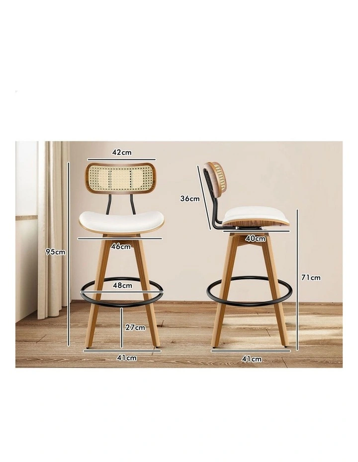 4x Bar Stools Kitchen Vintage Leather Seat Rattan Chair White image 2