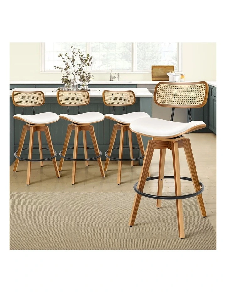 4x Bar Stools Kitchen Vintage Leather Seat Rattan Chair White image 5