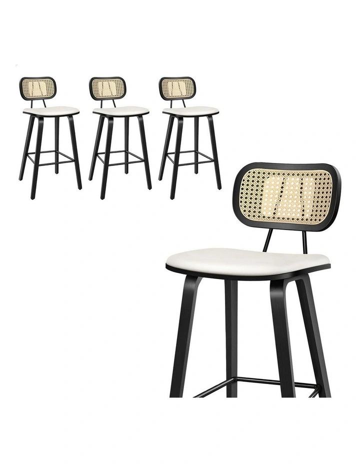 4x Bar Stools Kitchen Vintage Leather Seat Rattan Chair Black White image 1