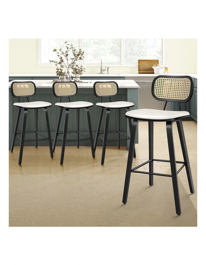 4x Bar Stools Kitchen Vintage Leather Seat Rattan Chair Black White image 2