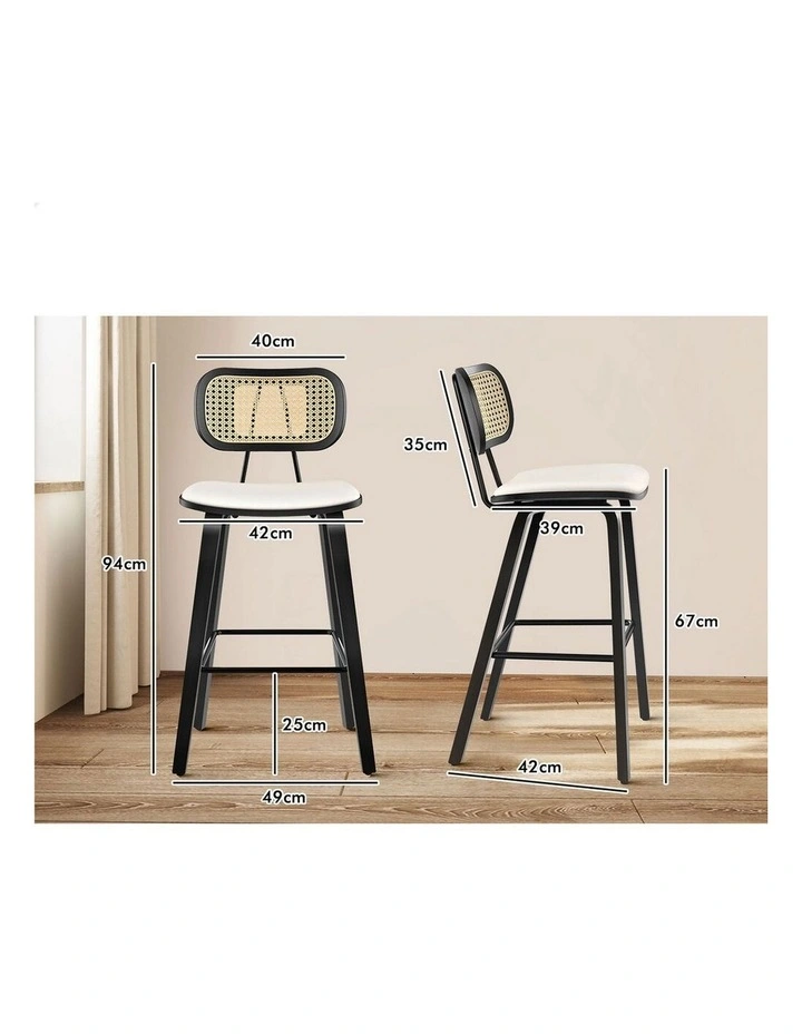 4x Bar Stools Kitchen Vintage Leather Seat Rattan Chair Black White image 5