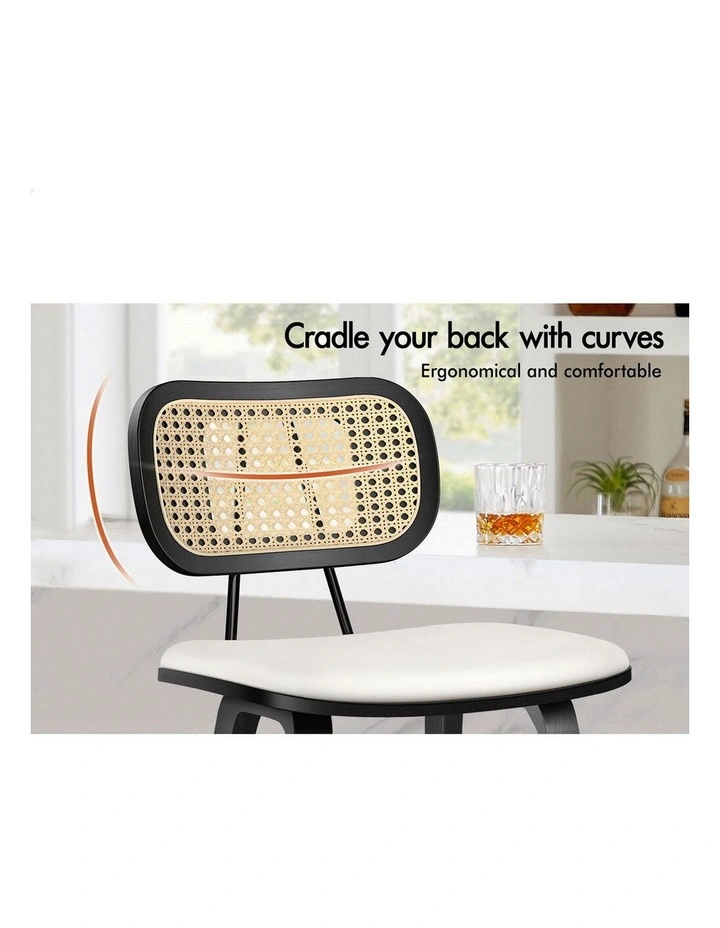 4x Bar Stools Kitchen Vintage Leather Seat Rattan Chair Black White image 7