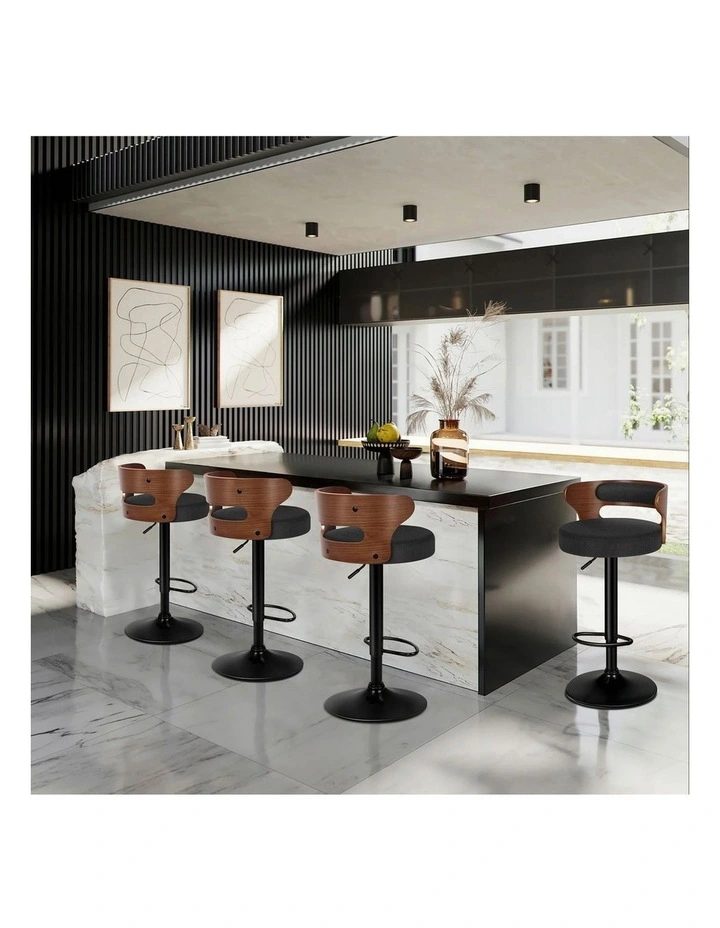 4x Bar Stool Kitchen Swivel Chair Wooden Linen Fabric Ramiro Black image 2