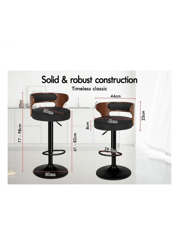 4x Bar Stool Kitchen Swivel Chair Wooden Linen Fabric Ramiro Black image 3