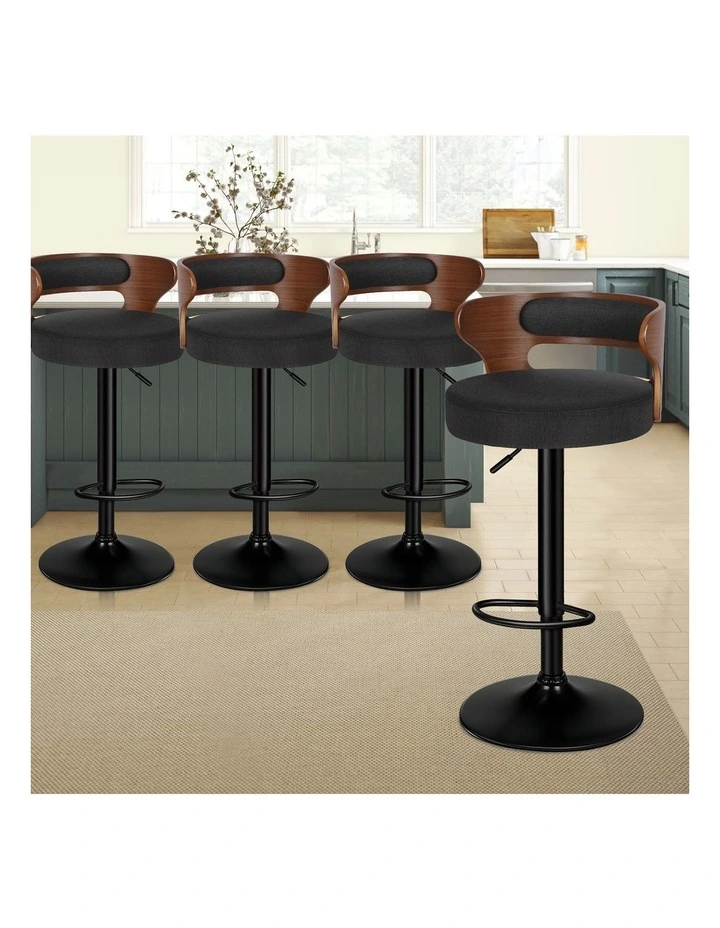 4x Bar Stool Kitchen Swivel Chair Wooden Linen Fabric Ramiro Black image 4