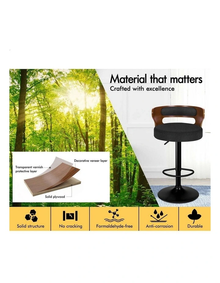 4x Bar Stool Kitchen Swivel Chair Wooden Linen Fabric Ramiro Black image 7