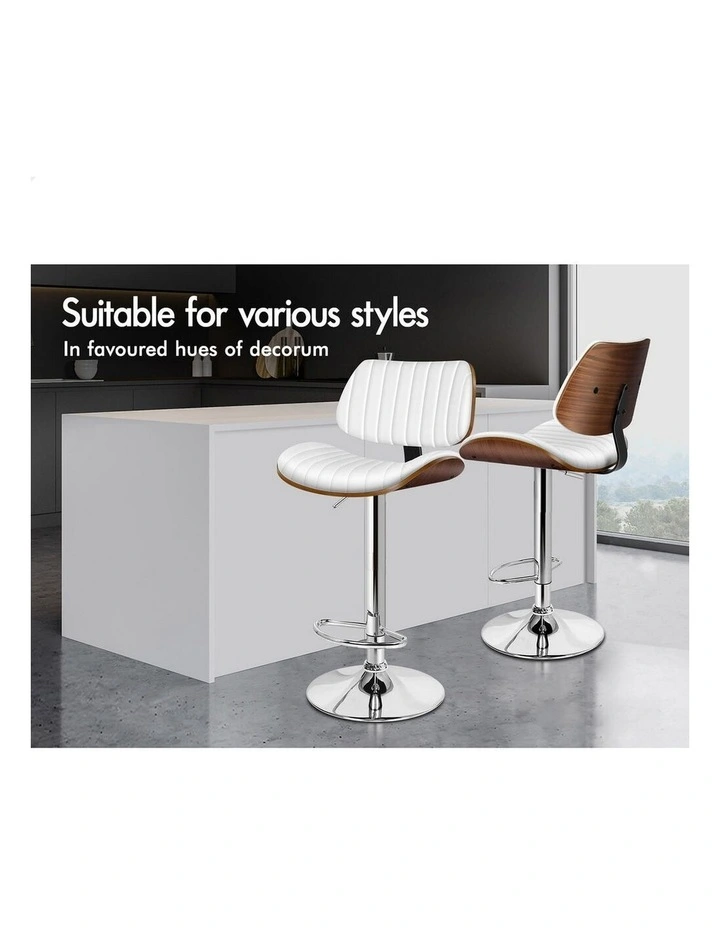 4x Bar Stools Kitchen Swivel Chair Wooden Leather Gas Lift White image 3
