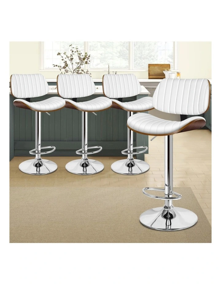 4x Bar Stools Kitchen Swivel Chair Wooden Leather Gas Lift White image 6