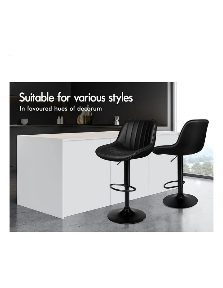2x Bar Stools Gas Lift Leather Bar Chairs Kitchen Swivel ALL BLACK image 3