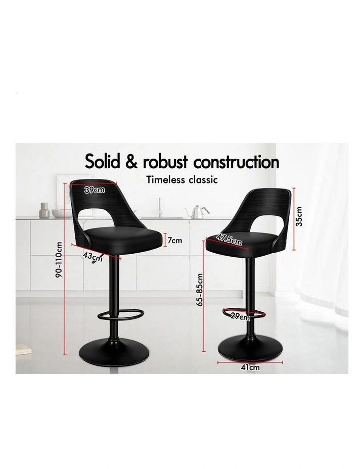 4x Bar Stools Kitchen Swivel Chair Wooden Leather Gas Lift All Black image 2