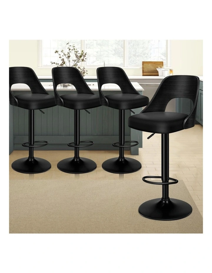 4x Bar Stools Kitchen Swivel Chair Wooden Leather Gas Lift All Black image 3