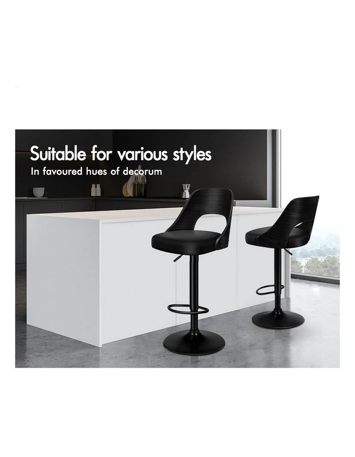 4x Bar Stools Kitchen Swivel Chair Wooden Leather Gas Lift All Black image 5