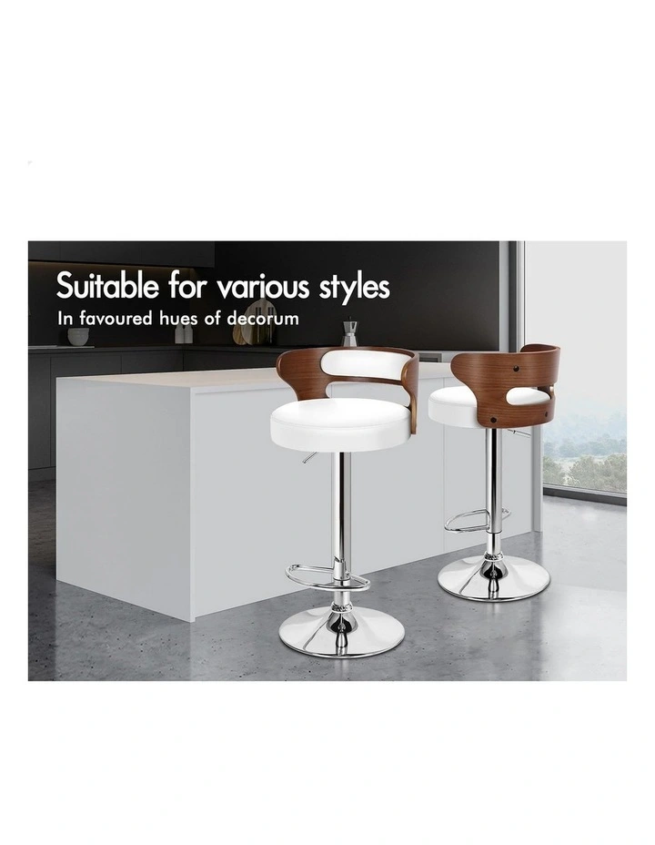 4x Bar Stool Kitchen Swivel Chair Wooden Leather Ramiro White image 3