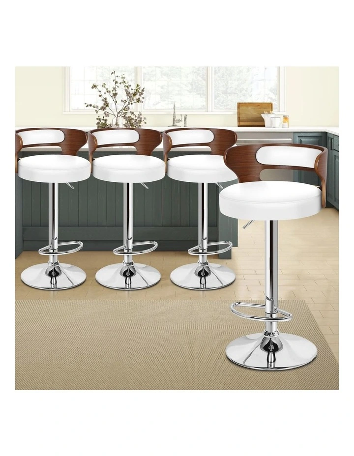 4x Bar Stool Kitchen Swivel Chair Wooden Leather Ramiro White image 4