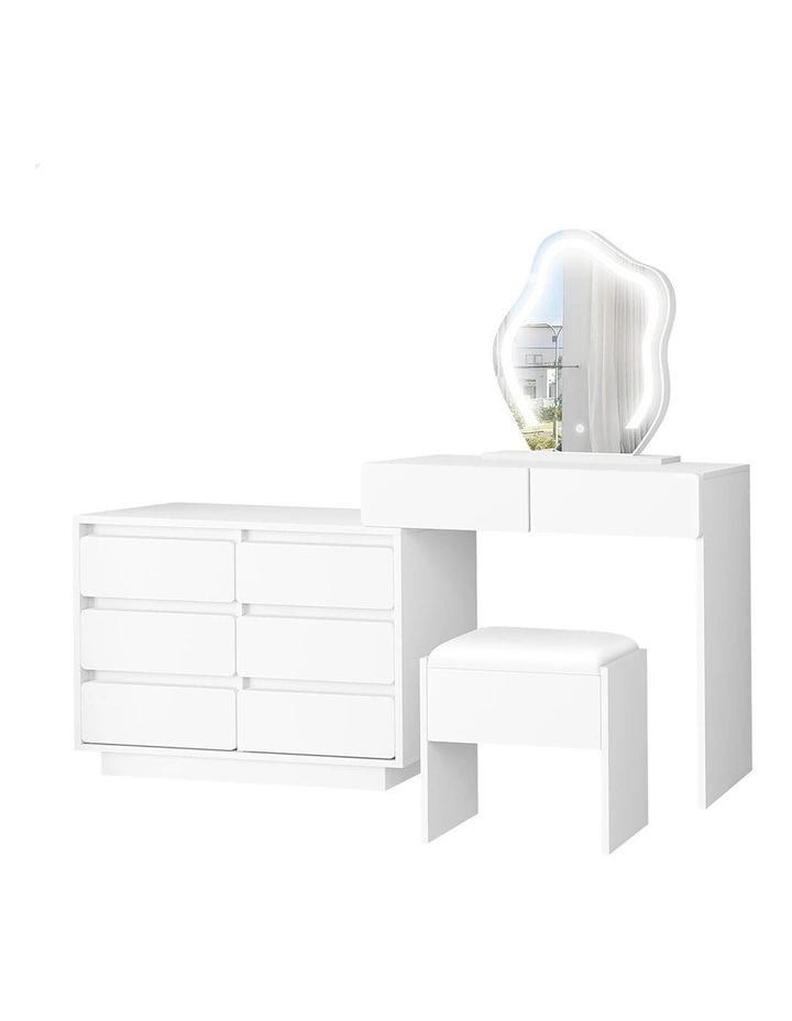 Dressing Table Stool Set Makeup Mirror Desk LED 8 Drawers White image 1