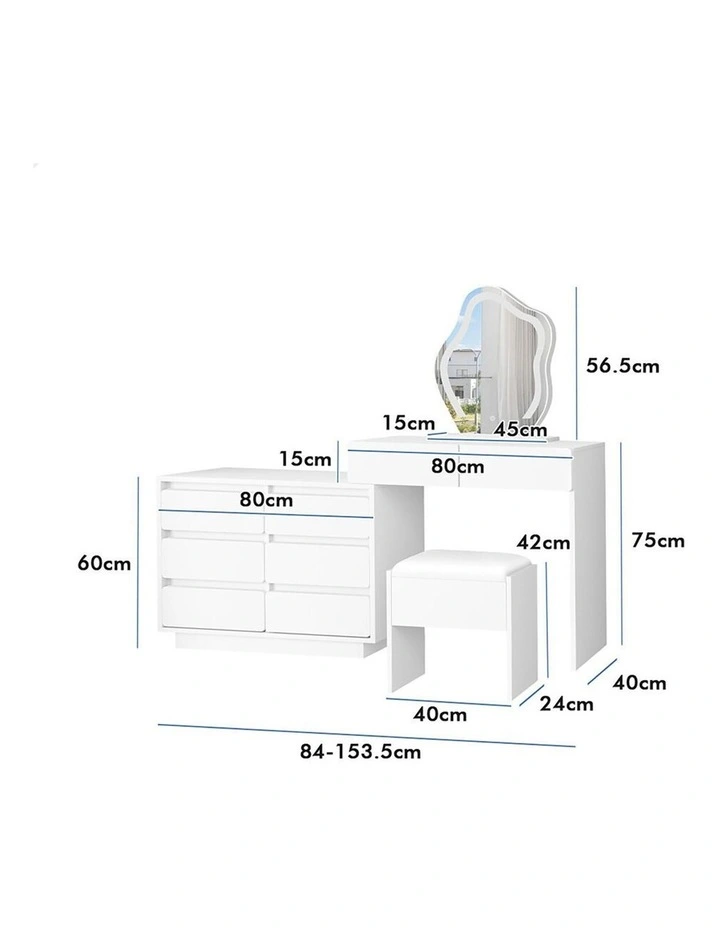 Dressing Table Stool Set Makeup Mirror Desk LED 8 Drawers White image 3