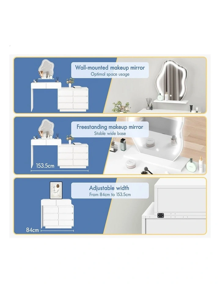Dressing Table Stool Set Makeup Mirror Desk LED 8 Drawers White image 4