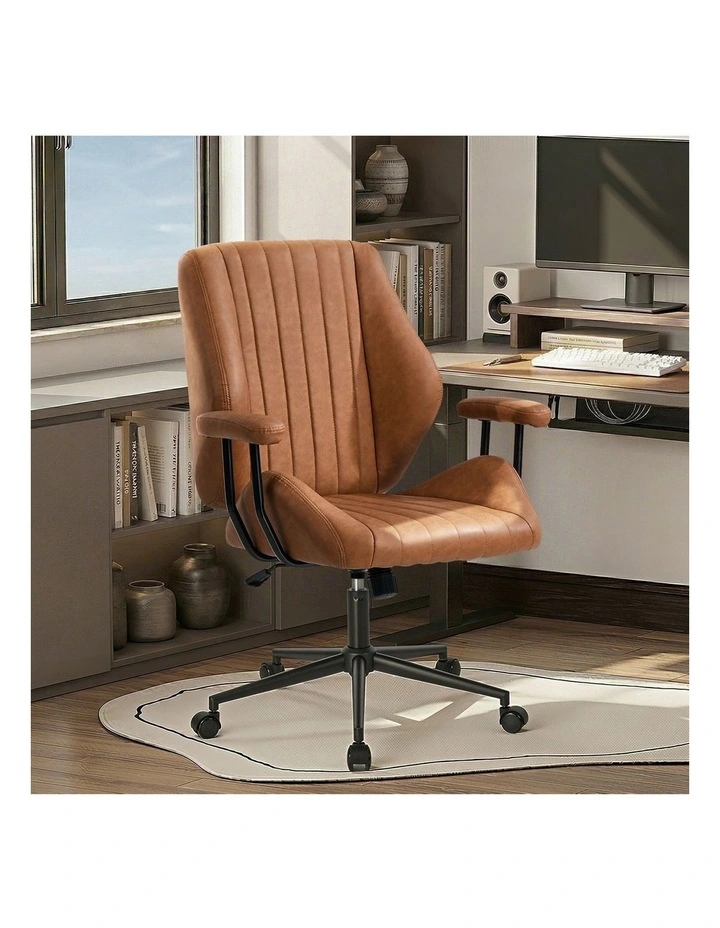Oikiture Office Chair Mid Back Swivel Gaming Desk Chair with Padded Arms Brown image 4