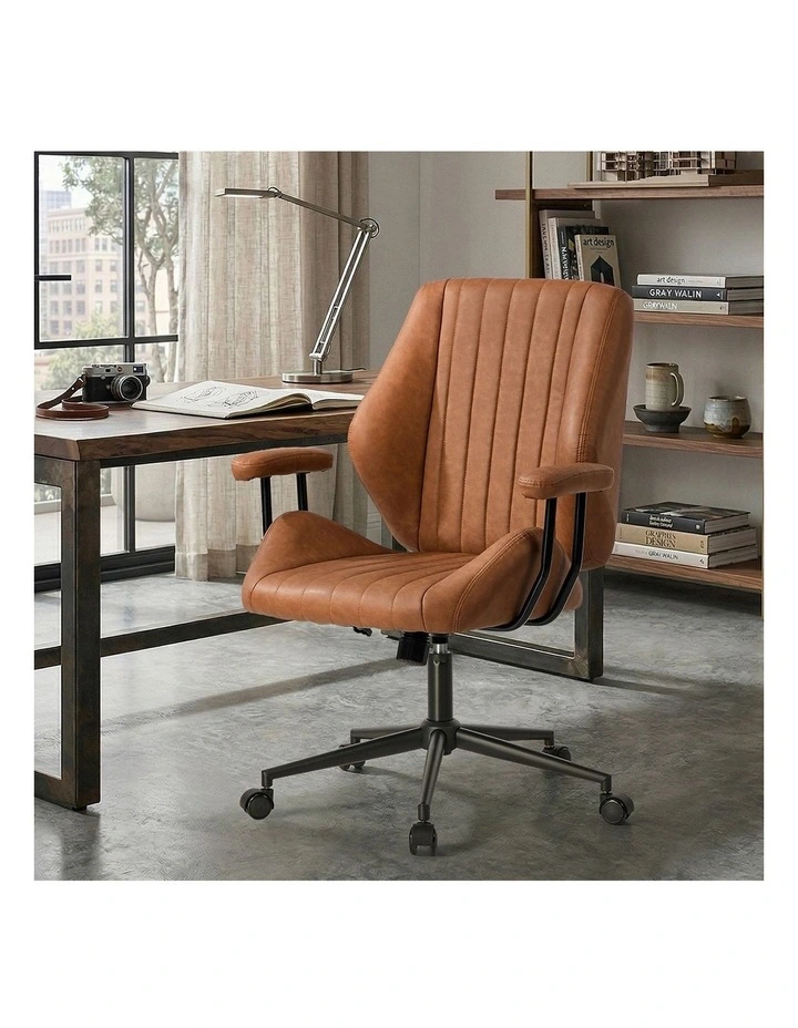 Oikiture Office Chair Mid Back Swivel Gaming Desk Chair with Padded Arms Brown image 5