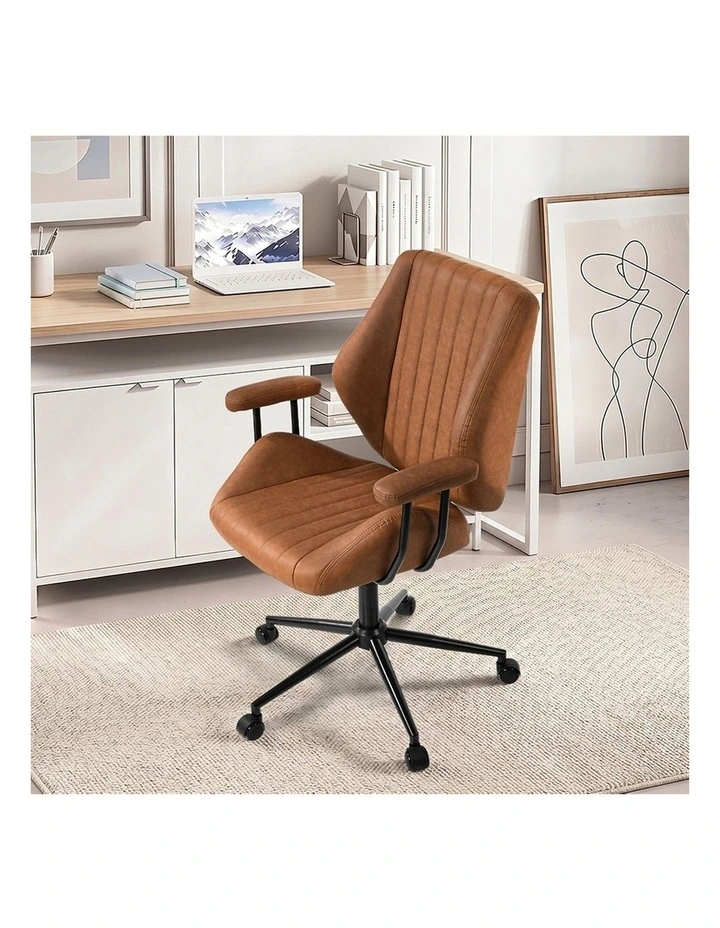 Oikiture Office Chair Mid Back Swivel Gaming Desk Chair with Padded Arms Brown image 7