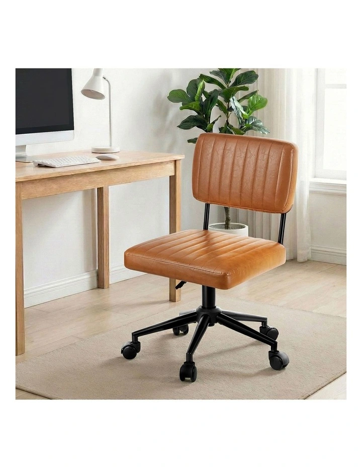 Oikiture Mid Back Armless Office Chair Swivel Computer Gaming Seat Leather Brown image 5