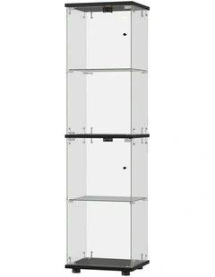 Oikiture Glass Display Cabinet 4-Tier LED Light Bookcase Clear Showcase Black