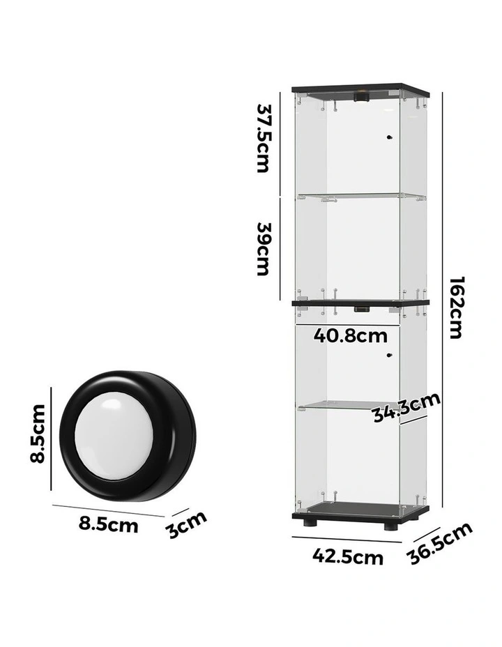 Oikiture Glass Display Cabinet 4-Tier LED Light Bookcase Clear Showcase Black image 3