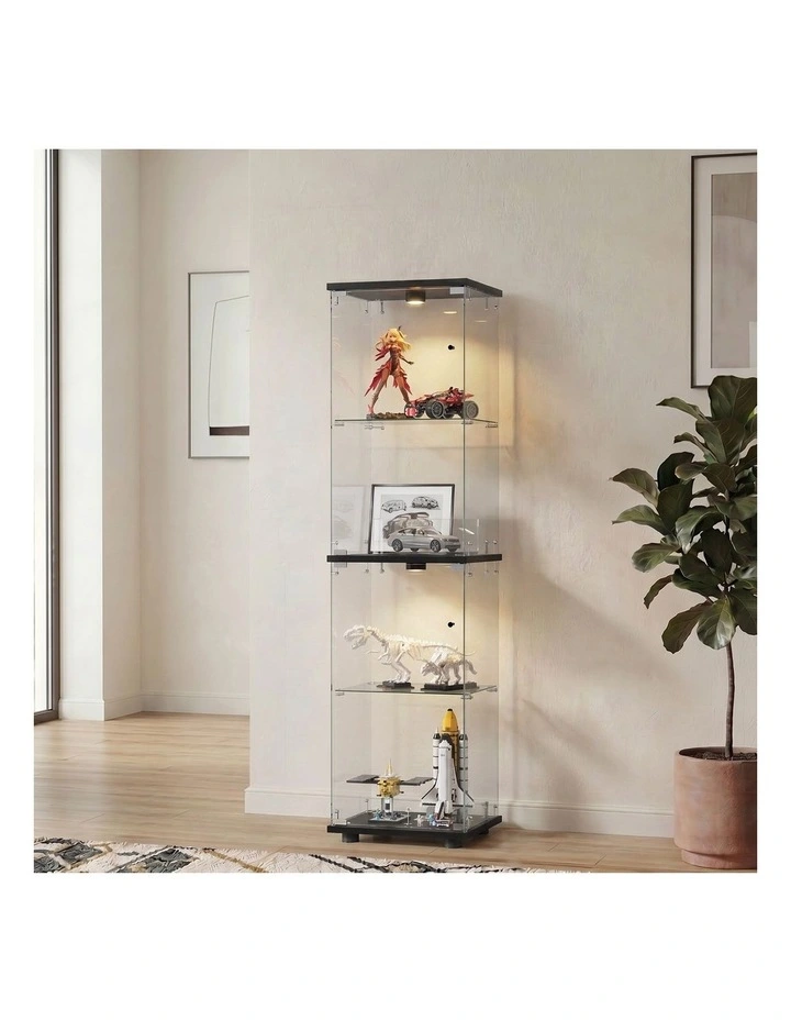 Oikiture Glass Display Cabinet 4-Tier LED Light Bookcase Clear Showcase Black image 4