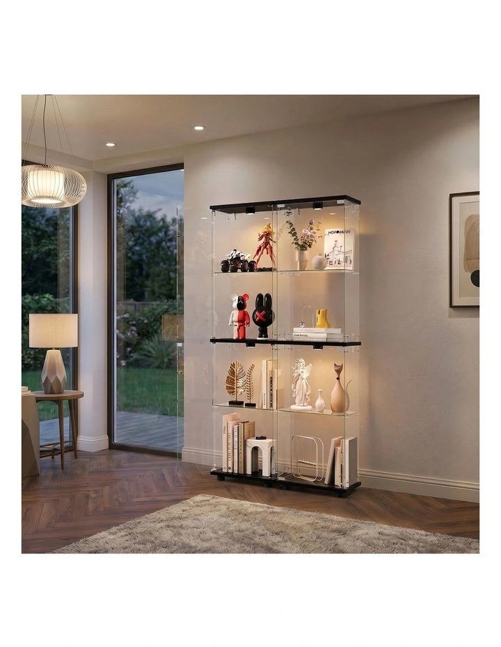 Oikiture Glass Display Cabinet 4-Tier LED Light Bookcase Clear Showcase Black image 5